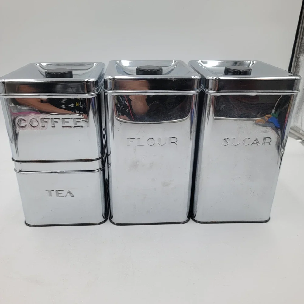 VTG Kreamer Ware Chrome Kitchen Canister Set 4pc Mid Century Retro Metal